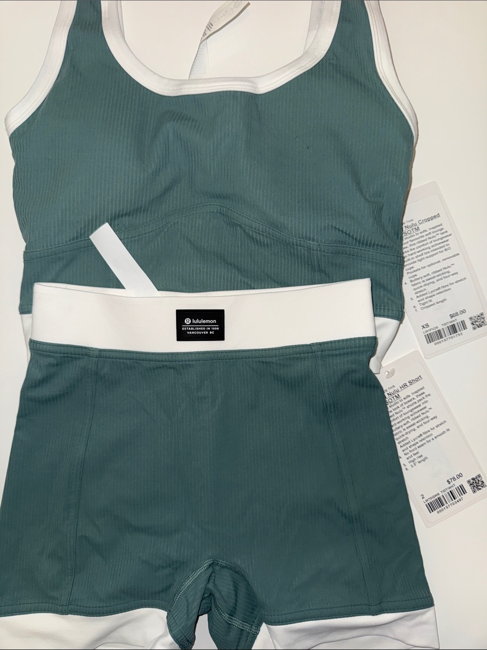 lululemon athletica teal and white ribbed sports bra & shorts set - Picture 1 of 2